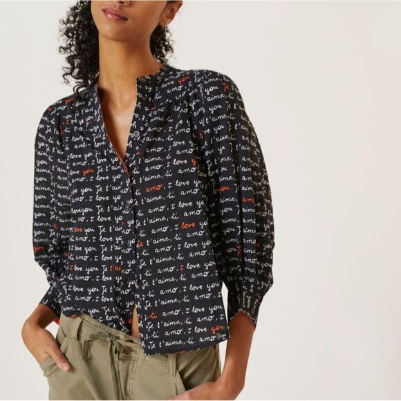 Anthropologie Laetitia Rouget Sz L Black Motif I Love You Puff Sleeve Blouse NWT - Picture 2 of 16